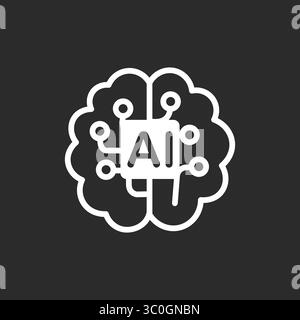 Icona cervello AI in bianco e nero, intelligenza artificiale icona cervello neurale su sfondo nero, segno vettoriale. Simbolo, illustrazione del logo. Grafica vettoriale Illustrazione Vettoriale