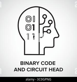 Contorno dell'icona del codice binario e della testa del circuito con sfondo bianco: Intelligenza di elaborazione dati ai, illustrazione vettoriale Illustrazione Vettoriale