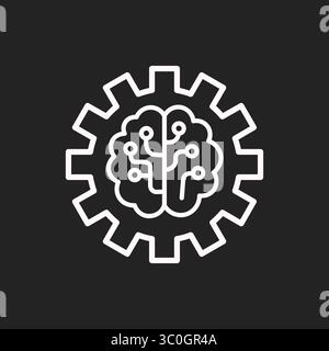 Icona cervello con ingranaggio con sfondo bianco e nero: Meccanismo di pensiero cognitivo ai, segno vettoriale, simbolo, illustrazione del logo. Grafica vettoriale Illustrazione Vettoriale