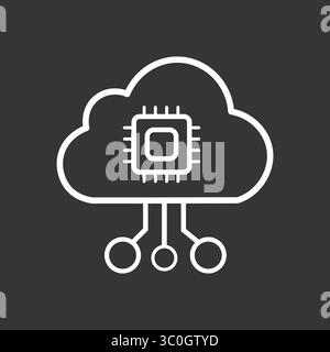 Icona del cloud con microprocessore su sfondo bianco e nero: Architettura di computing basata su cloud ai, illustratore vettoriale, icona isolata, Sign. simbolo Illustrazione Vettoriale