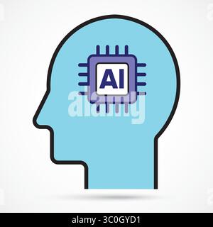 Testa umana con icona Microchip integrata, concetto di integrazione cerebrale e sistema di pensiero intelligente ai, simbolo, illustrazione del logo. Icona grafica vettoriale Illustrazione Vettoriale