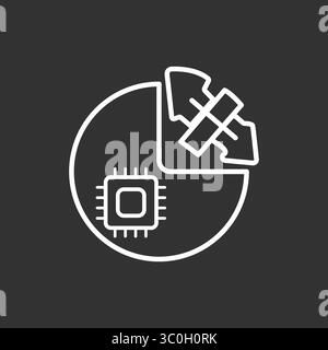 Icona grafico a torta a microprocessore su sfondo bianco e nero - analisi dei dati ai e analisi del sistema, segno vettoriale. Simbolo, illustrazione del logo Illustrazione Vettoriale