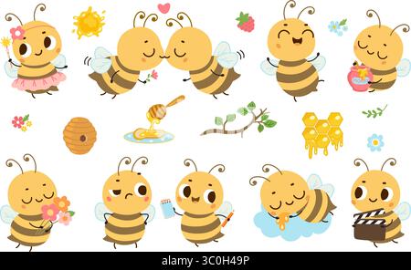 Miele, ape divertente. I cartoni animati aprono pose ed emozioni diverse. Simpatico insetto con bacchetta magica, fiori, blocco note, api volanti in amore ormai sulla falesia vettoriale Illustrazione Vettoriale
