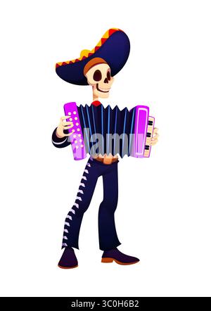 Allegro giorno dei morti scheletro mariachi musicista personaggio delle vacanze. Cartoon Vector dia de los personaggio messicano che indossa un tradizionale abito charro e un grande sombrero, suonando una vivace fisarmonica Illustrazione Vettoriale