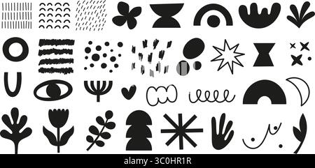 Design nero con forma astratta Doodle. Forme elementari isolate, design alla moda disegnato a mano per striscioni, stampe, cartoline. Arte vettoriale contemporanea Illustrazione Vettoriale