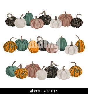 Set di zucche confinano con ghirlande. Composizione isolata su bianco. Piccole e accoglienti decorazioni autunnali. Illustrazione del set di squash vettoriale Illustrazione Vettoriale