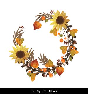 Corona vettoriale fatta di foglie autunnali. Sfondo stagionale o sfondo autunnale. Ornamento a foglia per il giorno del Ringraziamento o decorazione della porta d'ingresso. Decorazioni botaniche per le festività del raccolto. Fogliame vegetale per foreste o legname. Illustrazione Vettoriale