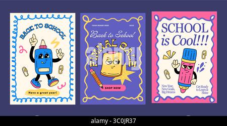 Poster Back to School Mascotte retrò d'epoca formazione dei personaggi Funky Cartoon poster vettoriale carta banner forniture set cancelleria Illustrazione Vettoriale
