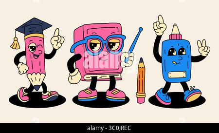 Back to School Vintage retro Mascotte per l'educazione dei personaggi Cartoon Vector Set Cancelleria - collana e matita per libri Illustrazione Vettoriale