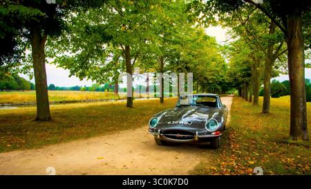 1961 3,8 Jaguar e Type, testata fissa coupé, guida a destra. Color canna di fucile opalescente. Nei terreni di Hampton Court Palace, Londra, Inghilterra Regno Unito Foto Stock