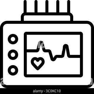 Dispositivo elettronico per la misurazione della frequenza cardiaca che mostra l'icona del battito cardiaco e il cavo. Sistema ECG Holter. Sistema registratore analizzatore digitale che rileva il problema cardio. Illustrazione Vettoriale
