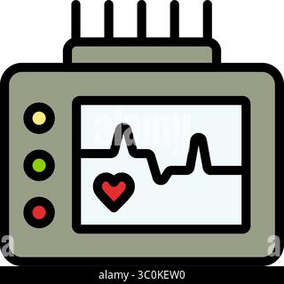 Dispositivo elettronico per la misurazione della frequenza cardiaca che mostra l'icona del battito cardiaco e il cavo. Sistema ECG Holter. Sistema registratore analizzatore digitale che rileva il problema cardio. Illustrazione Vettoriale