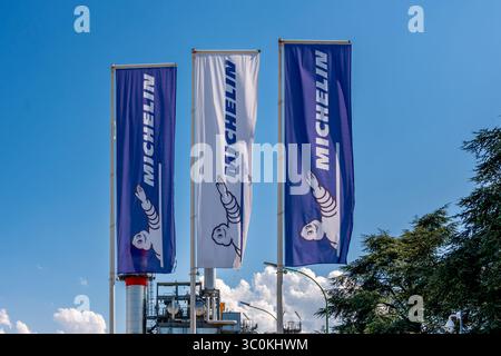 Cuneo, Italia - 21 luglio 2025: Cuneo, Italia - 21 luglio 2025: Bandiere con logo Michelin mosse dal vento sul cielo azzurro viste davanti al fattore pneumatici Michelin Foto Stock