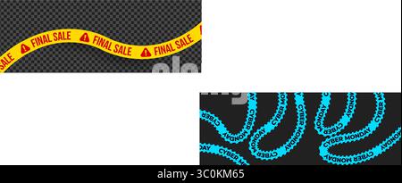 Nastro di avviso per la vendita, testo rosso in grassetto, nastro di avviso giallo per la zona di offerta finale, design a strisce promozionali, percorso di urgenza curvato, marketing visivo alla cassa. Vettore Illustrazione Vettoriale