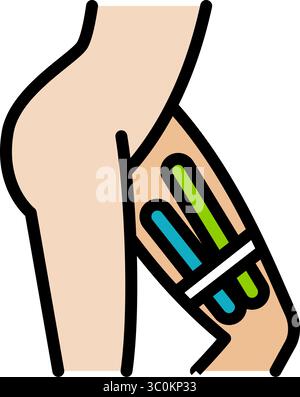 Icona strisce di nastro kinesio per coscia interna. Articolazioni e legamenti di supporto. Nastro terapeutico elastico. Gonfiore muscolare e riduzione del dolore. Simbolo isolato Illustrazione Vettoriale