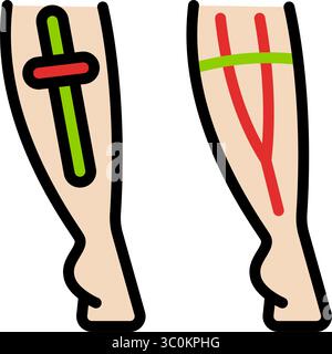 Vettore icona colore applicato a nastro kinesio gamba. Nastro terapeutico elastico. Gonfiore muscolare e riduzione del dolore. Articolazioni e legamenti di supporto Illustrazione Vettoriale
