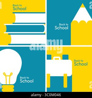 Design di ritorno a scuola su sfondo blu e giallo. Set di icona scuola sfondo semplice illustrazione vettoriale stile piatto. Adatto per poster, copertina Illustrazione Vettoriale