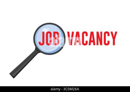 Vettore della lente d'ingrandimento con mano primo piano del testo del lavoro e del testo libero. Concetto di assunzione e reclutamento Illustrazione Vettoriale