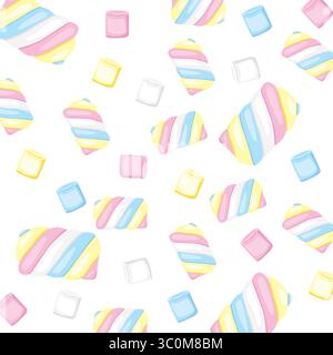 Illustrazione vettoriale di marshmallow pastello colorati con motivo senza cuciture su sfondo bianco. Dolci caramelle gommose dai colori pastello Illustrazione Vettoriale