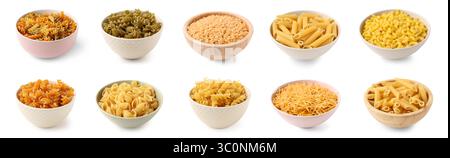 Set di diversi tipi di pasta su sfondo bianco Foto Stock