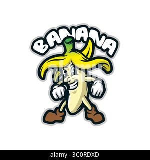 Design con logo a banana e design moderno per la stampa di badge, stemmi e t shirt. Divertente illustrazione a base di banana. Illustrazione Vettoriale