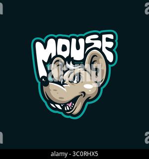 Design con logo della mascotte mouse e design moderno per la stampa di badge, stemmi e t shirt. Illustrazione del mouse sulla testa. Illustrazione Vettoriale