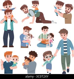 Attività per padre e bambino felice Set di illustrazioni per famiglie di cartoni animati Illustrazione Vettoriale