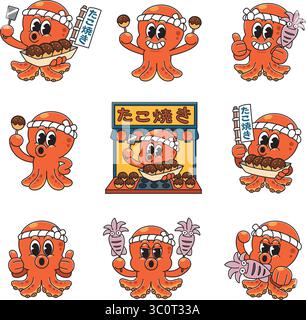 Cute Takoyaki Octopus Mascot Collection – Set di personaggi di Street Food giapponesi Illustrazione Vettoriale
