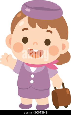 Simpatica assistente di volo Cartoon Girl con bagagli Illustrazione Vettoriale
