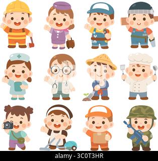 Simpatici costumi per bambini in carriera – Set per l'occupazione di cartoni animati Illustrazione Vettoriale
