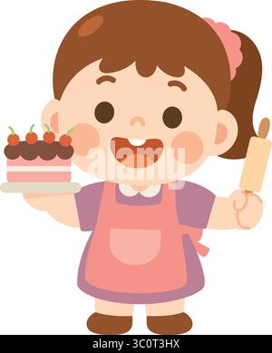 Carina panettiera Cartoon Girl che tiene la torta e il Rolling pin Illustrazione Vettoriale