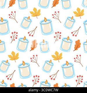 motivo autunnale senza cuciture con una calda candela, foglie d'acero e frutti di bosco, perfetto per i progetti a tema autunnale e per i progetti stagionali Illustrazione Vettoriale