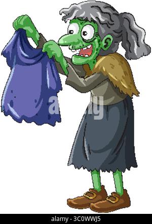 Una strega dalla pelle verde con capelli grigi esamina una camicia viola lacerata. L'illustrazione presenta colori vivaci e uno stile stravagante Illustrazione Vettoriale