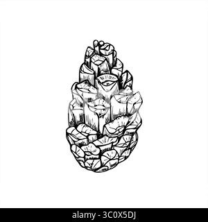 Illustrazione vettoriale monocromatica a cono chiuso o in cedro con inchiostri neri. Disegno inciso del simbolo della decorazione natalizia per l'arredamento invernale Illustrazione Vettoriale