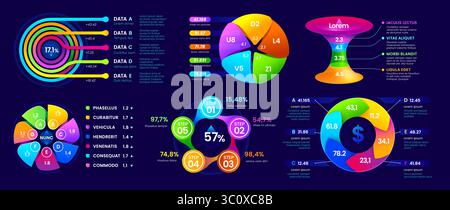 Infografiche di presentazione grafico ed elementi grafici e dati percentuali circolari. Modello di kit interfaccia utente del dashboard vettoriale con fasi aziendali, settori a torta e informazioni numeriche per le statistiche Illustrazione Vettoriale