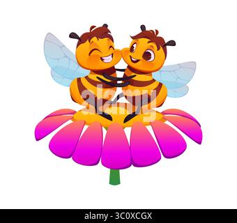 Coppia di personaggi del cartoni animati che si abbracciano il fiore rosa. Adorabili insetti che volano vettori si abbinano all'amore, trasuda umore primaverile, amicizia o vibrazioni romantiche con volti sorridenti e tenendosi per mano Illustrazione Vettoriale