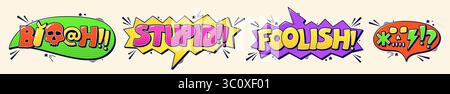 Serie di bolle di colore con parole stupide, stupide e minuscole. Illustrazione Vettoriale