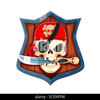 Teschio dei pirati cartoni animati con un pugnale nei denti. Emblema vettoriale con cranio umano in bandana rossa con simbolo a croce, occhiello e lama chiusa nei denti, incorniciata da uno scudo in legno e metallo Illustrazione Vettoriale