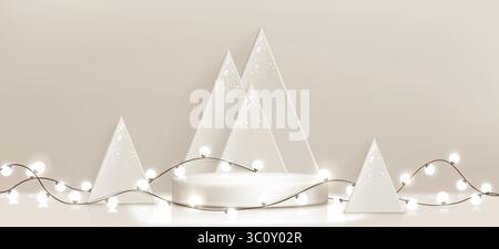 Podio natalizio con alberi triangolari beige, plateau rotondo avvolto da una lampadina a spirale garland su sfondo color crema minimalista. Elegante esposizione natalizia per la stagione invernale delle decorazioni. Illustrazione Vettoriale
