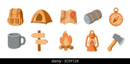 Set di 10 icone vettoriali piane con attrezzatura da trekking e campeggio. Include zaino, bussola, tenda, mappa, ascia, lanterna, tazza, cartello, dormiente Illustrazione Vettoriale