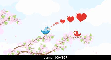 file vettoriale eps con uccelli rossi e blu in amore, volare e seduti su rami con fiori e foglie verdi in primavera, sfondo con Illustrazione Vettoriale