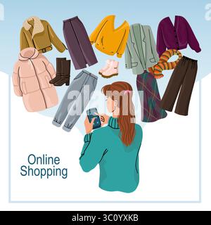 Donna con smartphone per ordinare abbigliamento online Illustrazione Vettoriale