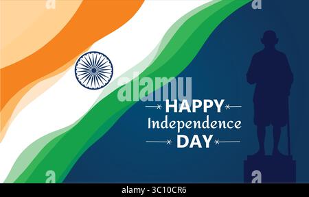 Happy Independence Day India – illustrazione patriottica con silhouette Gandhi e tema tricolore Illustrazione Vettoriale