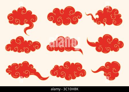 Collezione Chinese Oriental Clouds. Eleganti nuvole rosse in stile cinese con bordo dorato. Set di ornamenti a nuvole tradizionali giapponesi asiatici. Cinese nuovo Illustrazione Vettoriale