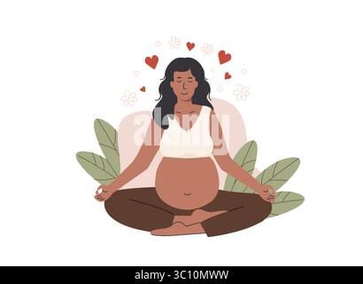 Donna incinta che pratica yoga prenatale in posa di loto per la preparazione al parto e il relax. Nascita naturale ed esperienza di nascita positiva. Stile piatto Illustrazione Vettoriale
