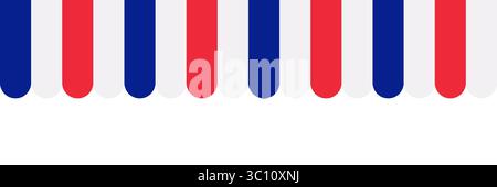 Testata per tende da sole senza cuciture in stile francese. Tenda da negozio a righe rosse, blu e bianche. Tenda a baldacchino del mercato. Tetto apribile. Tenda da caffè. Acquista a righe Illustrazione Vettoriale