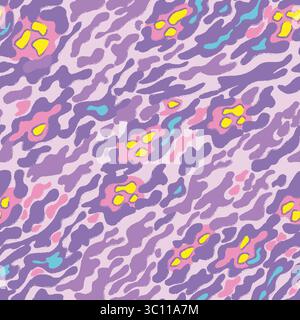 Fantasia di un animale fantastico, fantasia mimetica. Strisce luminose e punti viola e rosa, gialli e blu in ordine casuale su una spilla Illustrazione Vettoriale