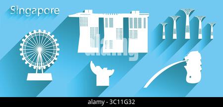 Icona o simbolo di Singapore con la lunga ombra, striscione di viaggio con la torre di sabbia della baia marina e l'iconico edificio moderno merlion, il tutto in stile silhouette su blu Illustrazione Vettoriale
