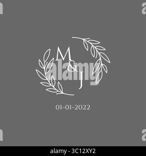 Logo nuziale MJ con lettera iniziale e grafica vettoriale con decorazioni creative a foglie Illustrazione Vettoriale