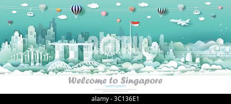 Tour con illustrazione vettoriale nel centro di singapore con bandiera di singapore, viaggia nello skyline di singapore, visita la cultura architettonica di singapore alla spiaggia della marina e all'edificio moderno. Illustrazione Vettoriale